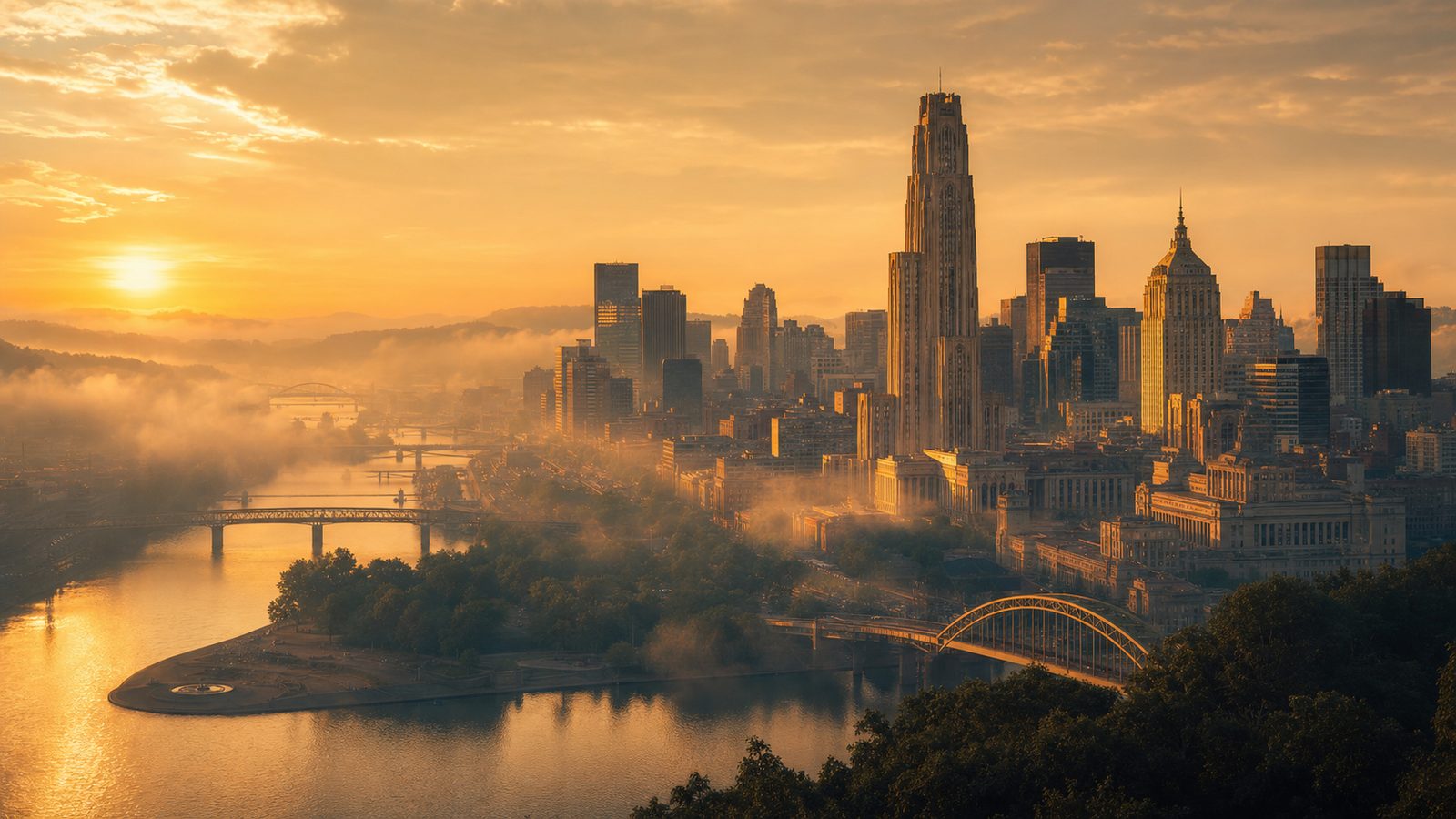 Pittsburgh skyline at golden hour with the Cathedral of Learning rising above mist along the rivers.